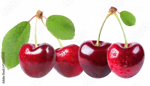 Fresh Red Cherries with Green Leaves Isolated on White Background