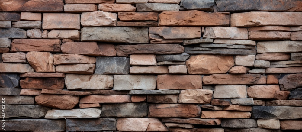 A detailed closeup of a stone wall showcasing an assortment of different types of rocks used as building material for a beautiful composite rectangle brickwork structure