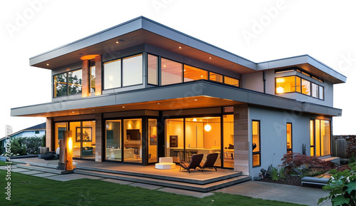 Modern house building with roof in the evening on white transparent background photo