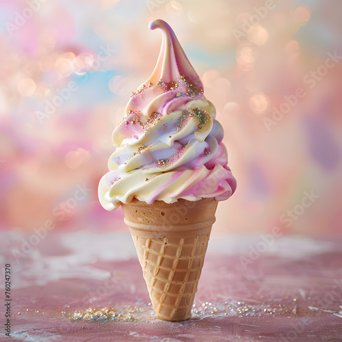 A wuffle ice cream cone with colorful softy and sprinkles