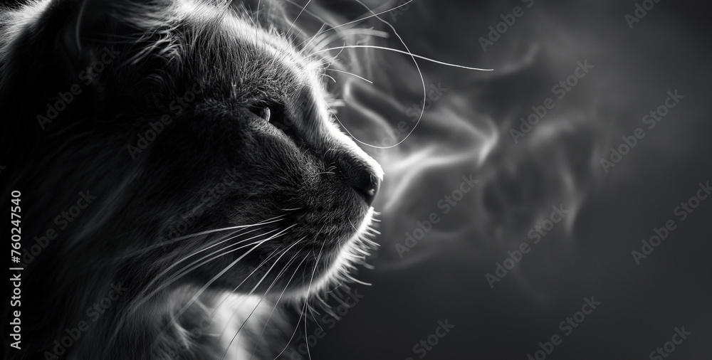 Black and white close-up of a cat's profile with whiskers and fur details, against a blurred background.
 - obrazy, fototapety, plakaty 