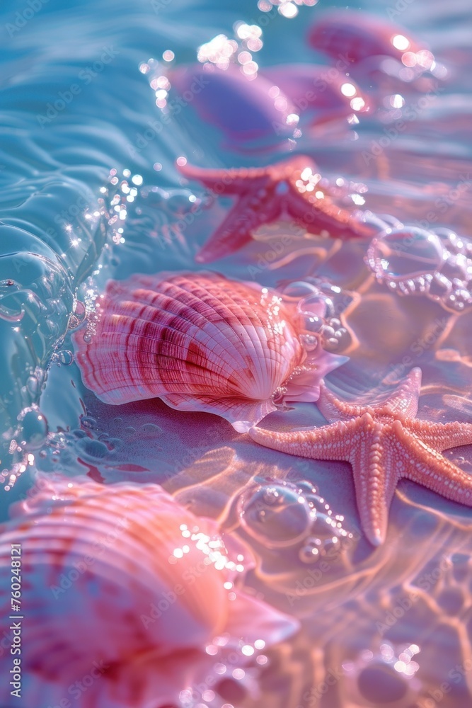Naklejka premium dreamy hues ocean with starfish and shells pink and blue tones