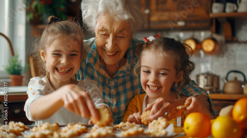 Grandma smiles happily with her two cute granddaughters making homemade cookies together in the kitchen at home