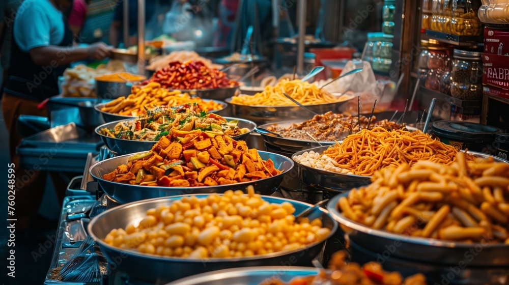Street Food Buffet with Diverse Options. Street food buffet offering a diverse selection of dishes, creating an inviting atmosphere at a bustling market.
