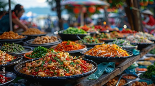 Variety of Cooked Foods at Lakeside Market. Array of cooked dishes, including seafood and vegetables, showcased at a vibrant lakeside street food market.