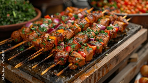 Grilled Skewers with Vegetables and Meat. Grilled skewers with a mix of vegetables and meat garnished with herbs, ready to be served at a street food stall.