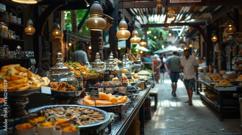Exotic Delicacies at a Luxurious Food Bazaar. Rich array of exotic delicacies and gourmet foods presented in an opulent food bazaar with ambient lighting. photo