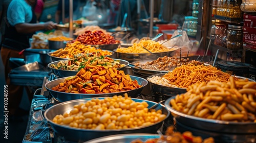 Street Food Buffet with Diverse Options. Street food buffet offering a diverse selection of dishes, creating an inviting atmosphere at a bustling market.