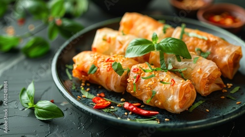 Fresh spring rolls with spicy sauce on plate photo