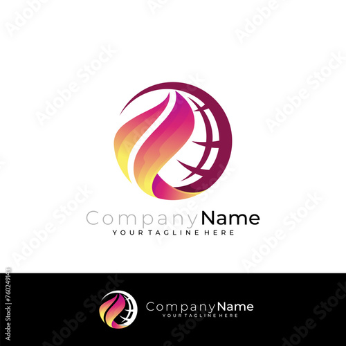 Abstract fire logo and globe design combination, red color
