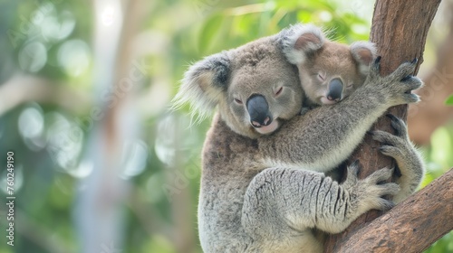 A baby koala clinging to its mother's back as they nap in a eucalyptus tree