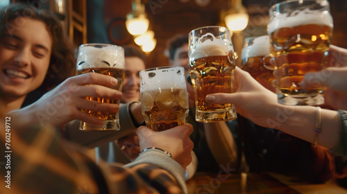 Group of male and female friends Clinking and cheering beer glasses while sitting at a pub table. Young people have fun and drink beer together