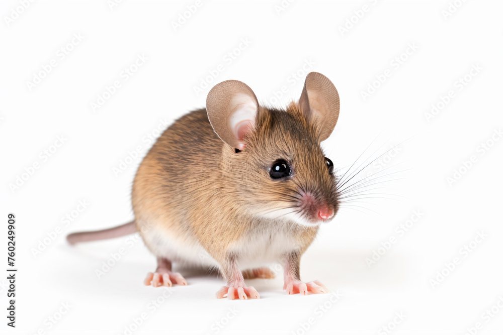 a small mouse is standing on a white surface