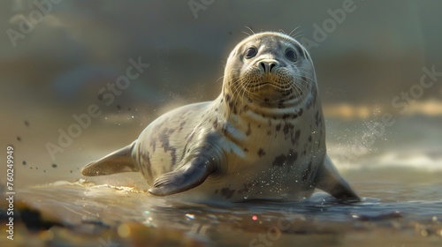 A chubby baby seal flopping clumsily along the shore, whiskers twitching © Image Studio
