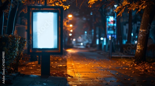 Nighttime park with glowing billboard
