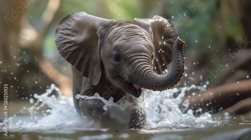 A baby elephant splashing happily in a shallow waterhole  trunk held high