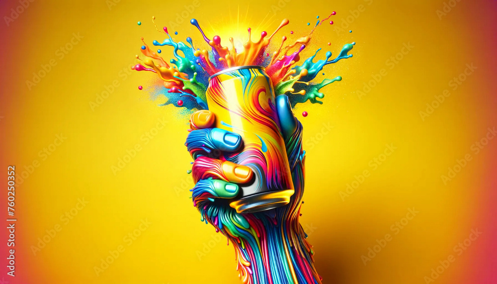 A colorful, energized hand holding a vibrant energy drink can, set against a bright yellow background