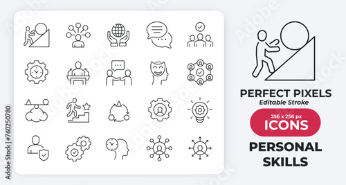 Personal skills simple minimal thin line icons. Related motivation, strategy, management, performance. Editable stroke. Vector illustration.