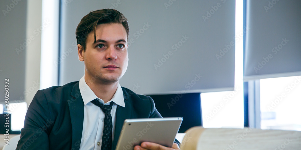 Formal, well-dressed and friendly intelligence look of Caucasian boss or salesman with copy space. Positive professional good and smart businessman, manager, executive entrepreneur or CEO at workplace