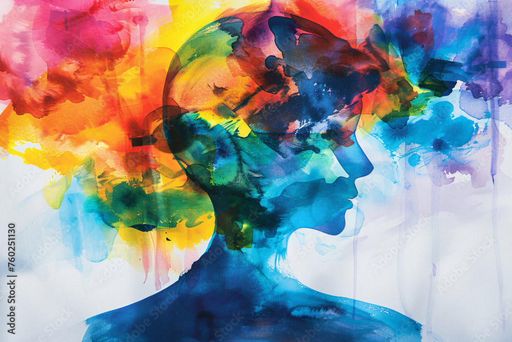 A vibrant watercolor silhouette of a human head with a spectrum of ...