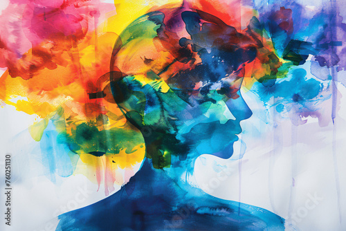 A vibrant watercolor silhouette of a human head with a spectrum of colors bleeding into each other, symbolizing creativity and mental health.