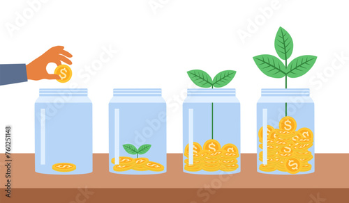 Investment and finance growth business concept. Hand putting coin in clear bottle. Green tree growing from money coins. Saving money.