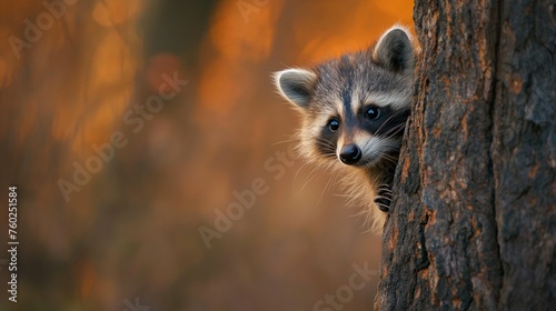 A curious baby raccoon peeking out from behind a tree trunk, eyes wide with wonder © Image Studio