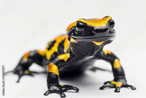 a small black and yellow frog sitting on a white surface