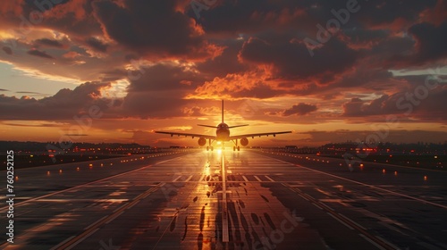 Airplane on runway at sunset, travel concept