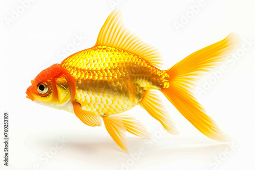 a goldfish with a red tail and a white background