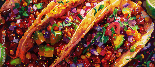 Close-up of a spicy taco vibrant dot digital art photo