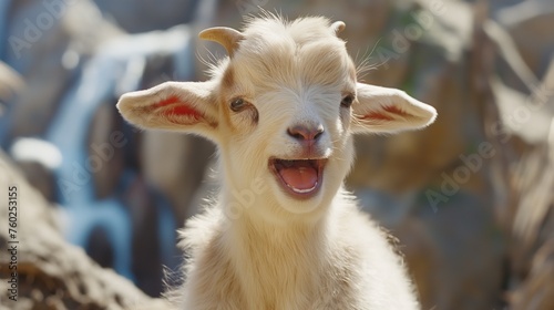 A fluffy baby goat with floppy ears and a happy bleat