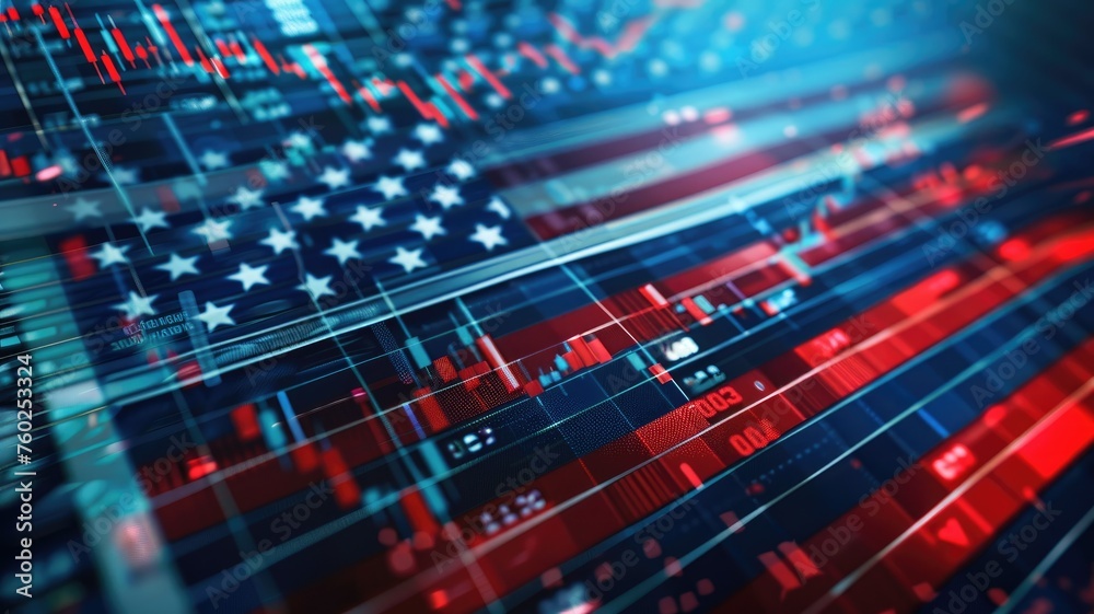 American flag on digital stock market display - An abstract representation of the American stock market with a digital display of figures and an overlaid flag