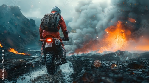 Adventurer rides through volcanic eruption terrain - A stunning image capturing a bold adventurer on a motorcycle navigating through a dangerous volcanic landscape with eruptions in the background