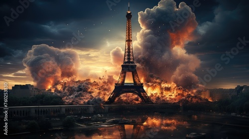 Apocalyptic disaster strikes Paris, Eiffel Tower - Dramatic and apocalyptic image of the Eiffel Tower engulfed in catastrophic fiery explosion, invoking fear and destruction photo