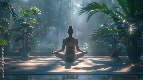 Meditator in serene indoor jungle during sunrise © pixcel3d