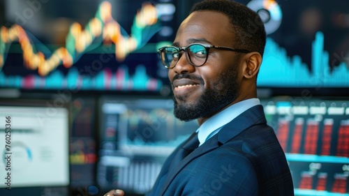 Businessman analyzing financial charts - A businessman in a suit focuses on stock market trends displayed on multiple screens, illustrating data analysis and investment concepts © Tida