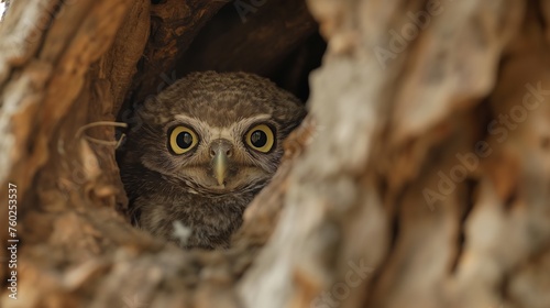 A fluffy baby owl peeking out from the safety of its nest in an old tree © Image Studio