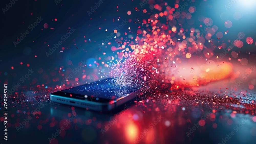 Exploding smartphone with blue and red particles - A high-tech smartphone disintegrates into a cloud of red and blue particles on a dark background, suggesting data loss or tech failure - obrazy, fototapety, plakaty 