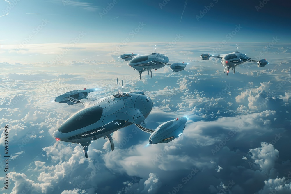 Fleet of futuristic drones flying above clouds - A serene yet powerful image portraying multiple drones with a sleek design flying amongst the clouds and sunlight Fleet of futuristic drones flying above clouds - A serene yet powerful image portraying multiple drones with a sleek design flying amongst the clouds and sunlight