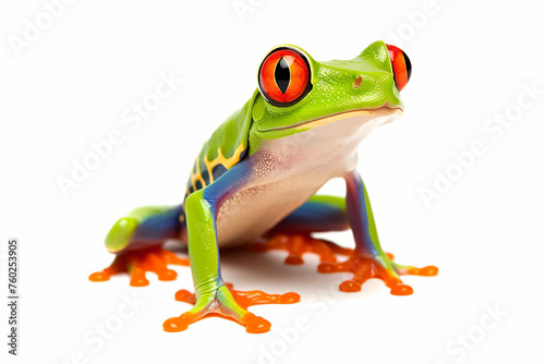 a frog with red eyes sitting on a white surface