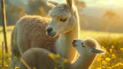 A fluffy baby alpaca nuzzling against its mother s side in a sunlit meadow