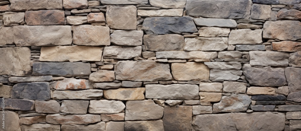 Fototapeta premium A detailed close up of a stone wall made with a multitude of rectangular beige bricks. The intricate brickwork showcases the natural beauty of this composite material
