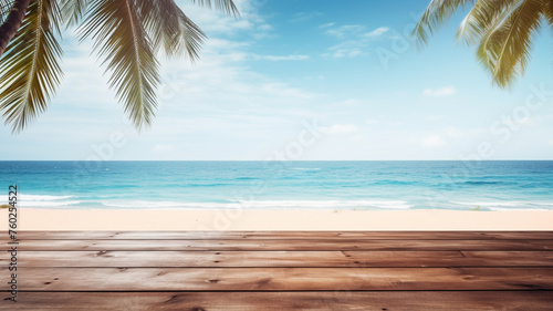 Wood table top on blur sea beach background used for display or montage your products  travel and relax activity concept