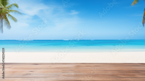 Wood table top on blur sea beach background used for display or montage your products, travel and relax activity concept