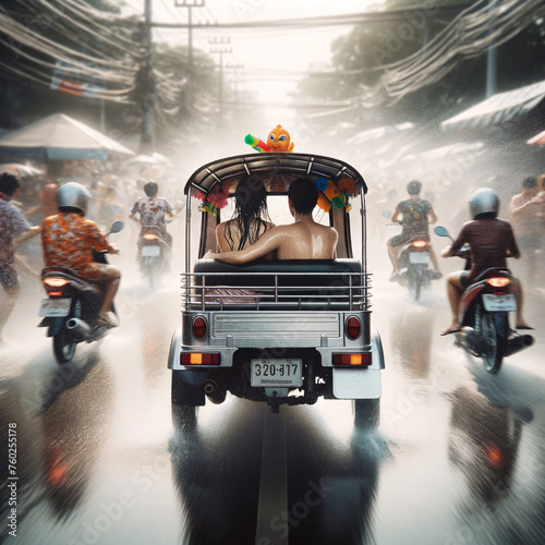A tourist couple experiences the exhilaration of Songkran, sitting drenched in a tuk tuk as water splashes around in a lively street scene. AI Generated. photo