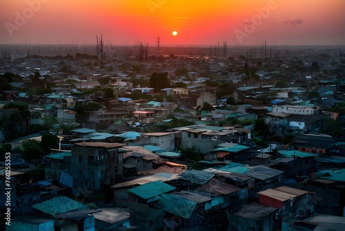 Skyline and sunset panorama over view of houses in a slum urban Area overpopulation environment background  photo