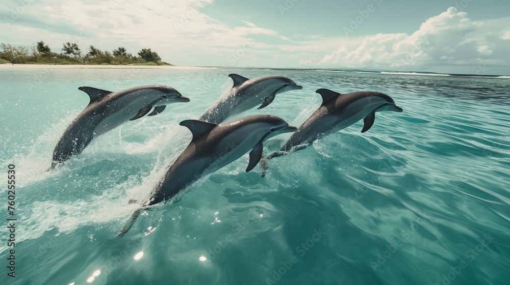 A group of playful dolphins leaping gracefully out of crystal clear ocean waters - obrazy, fototapety, plakaty 