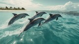 A group of playful dolphins leaping gracefully out of crystal clear ocean waters