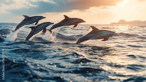 A group of playful dolphins leaping gracefully out of crystal clear ocean waters
